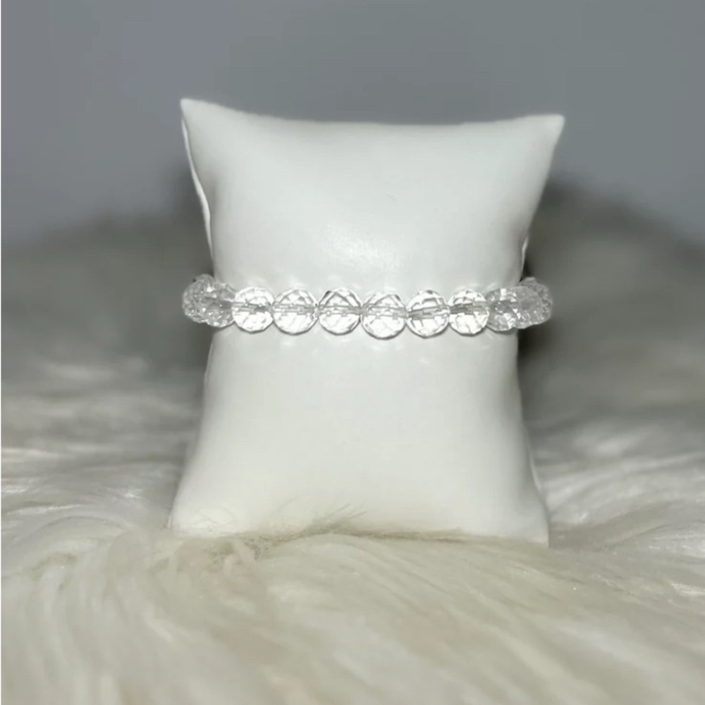 New Vintage Natural Clear Quartz Crystal Faceted Beaded Elastic Stretch Bracelet
